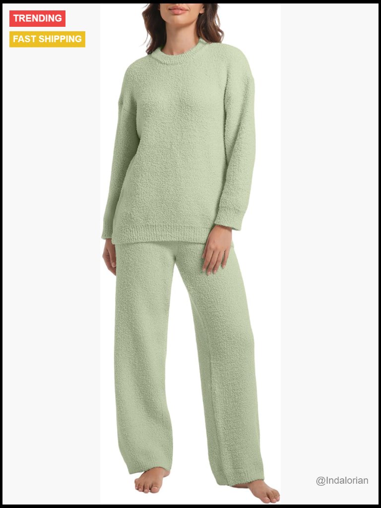 Fleece Pajama Set Long Sleeve Sweater Wide Leg Pants Loungewear